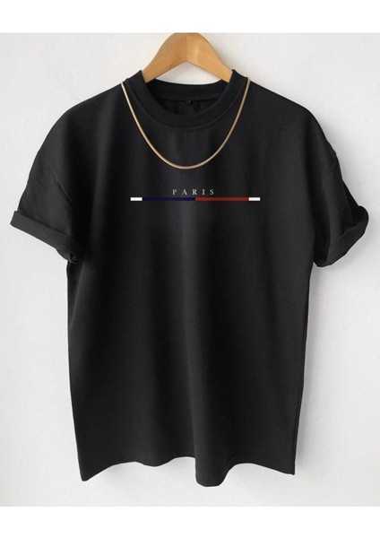 Unisex Göğüs Ince Çizgili Paris Baskılı Oversize Bisiklet Yaka Tişört