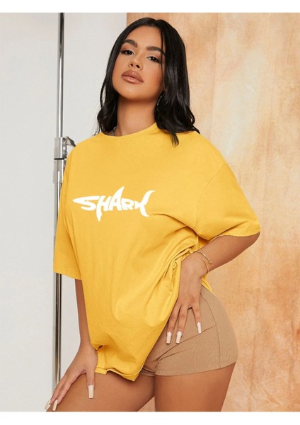 Unisex Kadın/erkek Shark Renkli Özel Baskılı Oversize Pamuk Bisiklet Yaka Penye T-Shirt