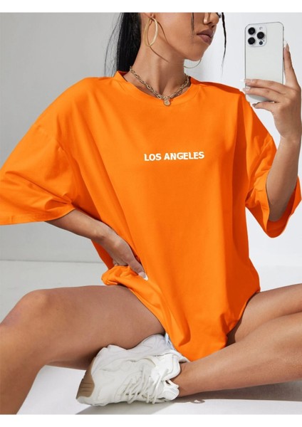 Unisex Kadın/erkek Los Angeles Renkli Özel Baskılı Oversize Pamuk Penye Bisiklet Yaka T-Shirt