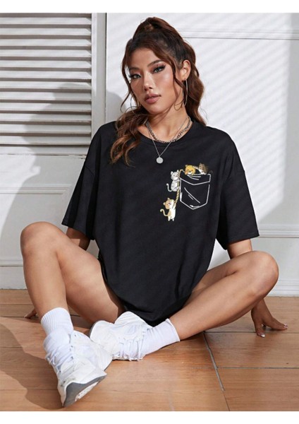 Unisex Cat Renkli Özel Baskılı Oversize Pamuk Bisiklet Yaka Penye T-Shirt