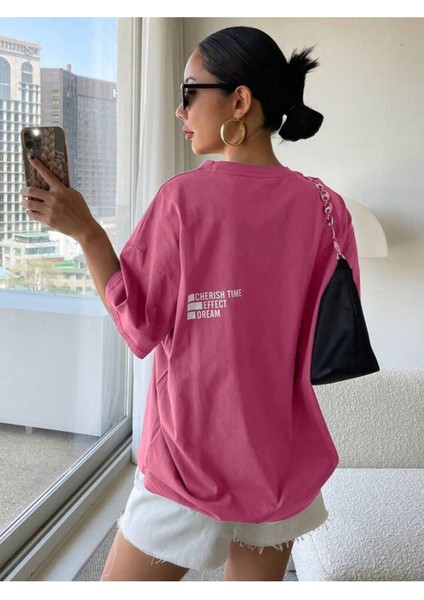Pembe Effect Baskılı Oversize Tişort