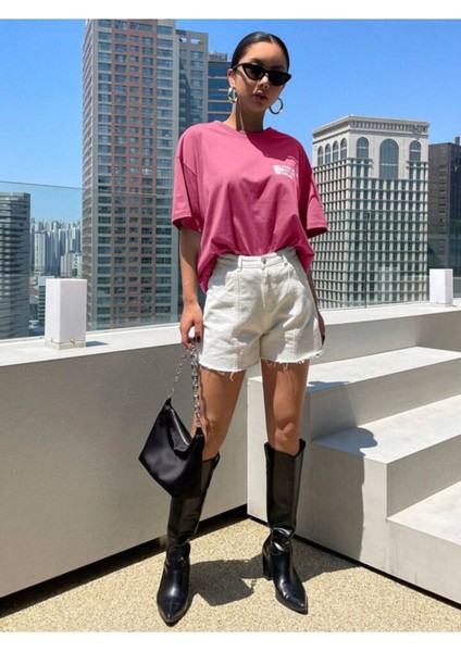 Pembe Effect Baskılı Oversize Tişort