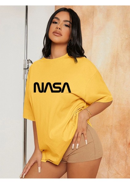 Unisex Nasa Renkli Özel Baskılı Oversize Pamuk Penye T-Shirt