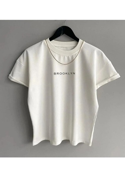 Unisex Oversize Brooklyn Baskılı T-Shirt Kısa Kollu Bisiklet Yaka
