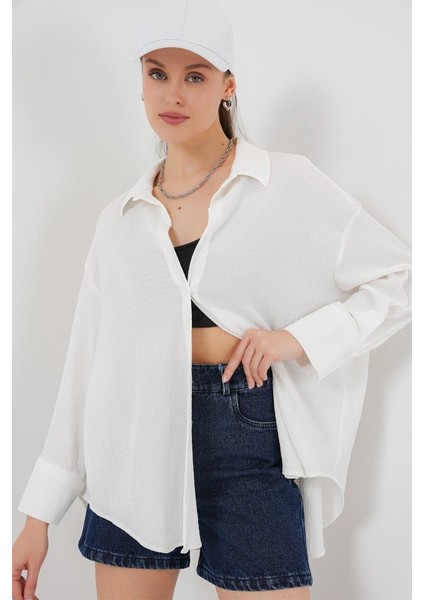 Örme Oversize Gömlek 20264 - Beyaz