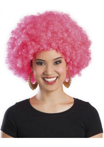 Pembe Renk Kıvırcık Afro Bonus Peruk