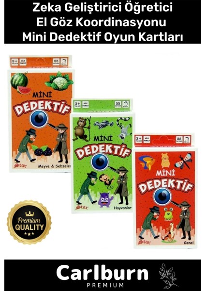 Premium Eğitici Zeka Geliştirici Öğretici Eğlence Aile 55 Parça 3'lü Mini Dedektif Oyun Kartları