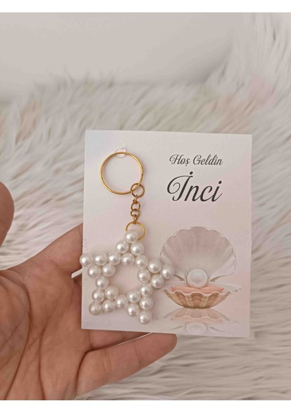 10 Adet Krem Renk Incili Anahtarlık Kartlı Yenidoğan Doğum Günü Mevlüt Hediyelikleri