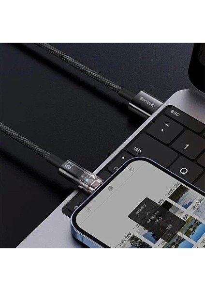 Şeffaf Uçlu Iphone 45W USB Hızlı ve Dayanıklı Şarj ve Data Işıklı Örgü Kablo 1 Metre