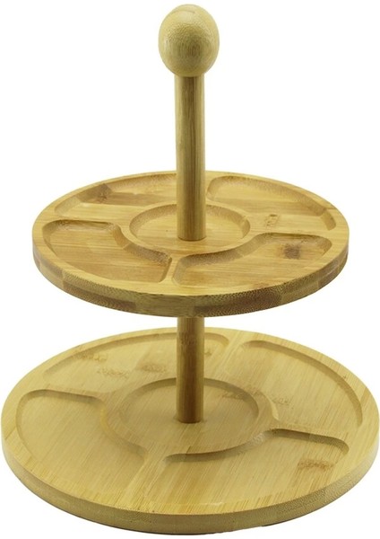 5 Bölmeli - Yuvarlak - 2 Katlı Ahşap Bambu Sunumluk Çap: 19.5cm -- 24.5cm (4887)