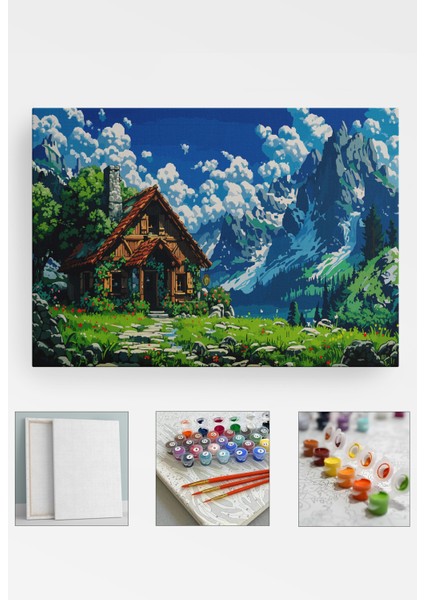 Sayılarla Boyama Seti Kasnaklı Boyalar ve Fırçalar Dahil 40X5CM Dağ Evi