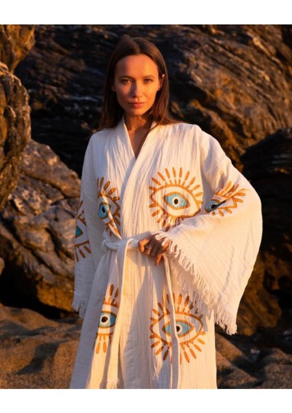 Göz Figür Desen Baskılı Müslin Kaftan Kimono Peştemal Bornoz (BOYU 125 CM)