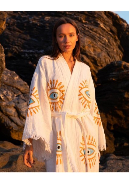 Göz Figür Desen Baskılı Müslin Kaftan Kimono Peştemal Bornoz (BOYU 125 CM)