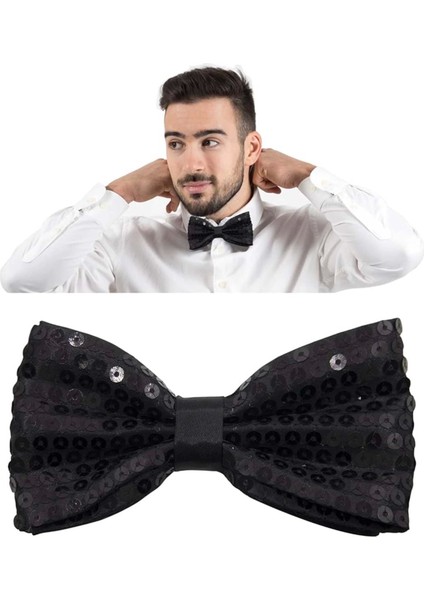 Gece Işıltısı Siyah Payetli Pullu Papyon 7x2 cm (4887)