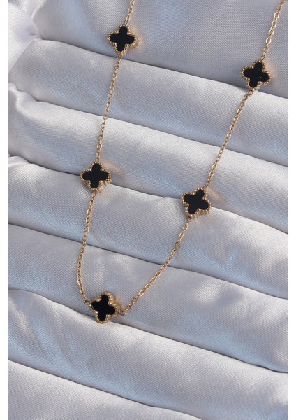 316L Çelik Gold Renk Minimal Siyah Mineli Yonca Kolye