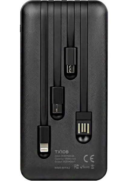 Powerway TX108 10000 Mah Siyah Göstergeli Ekstra Kablolu 4 Çıkışlı Powerbank (4887)