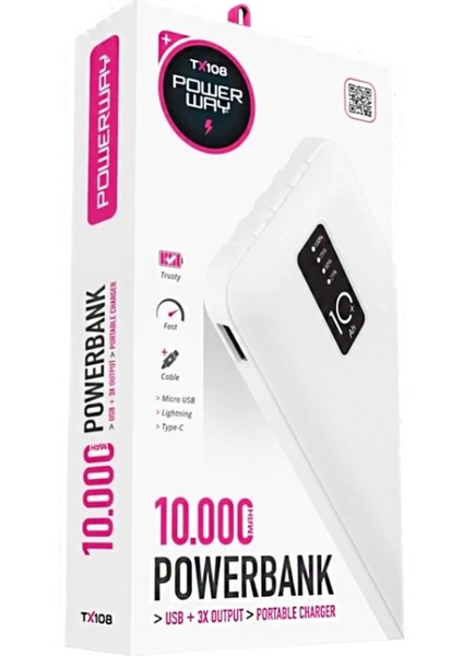 Powerway TX108 10000 Mah Siyah Göstergeli Ekstra Kablolu 4 Çıkışlı Powerbank (4887)