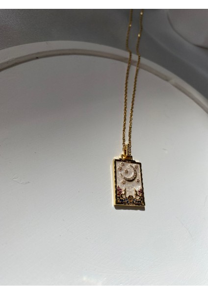 Vintage Tasarım Mineli Dikdörtgen 316L Çelik Kolye Gold