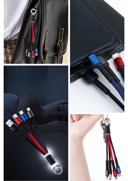 Işıklı Anahtarlık Model 3 In 1 USB Çıkışlı Mikro,type-C ve Iphone Uyumlu Şarj Kablosu