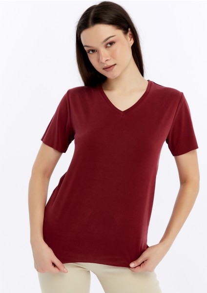 Kadın V Yaka Basıc Kısa Kollu T-Shırt