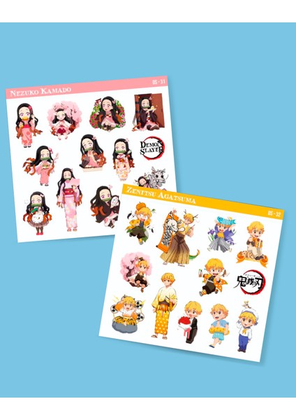 Kimetsu No Yaiba-Zenitsu Agatsuma-Nezuko Kamado-2li Sticker Set Parlak Kağıt-Etiket-Ds-31-32