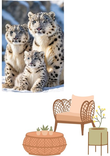 Kar Leoparı Kar Parsı Aile Aşk Sevgi Güç Duvar Örtüsü Duvar Halısı Duvar Sanatı Duvar Dekorasyonu