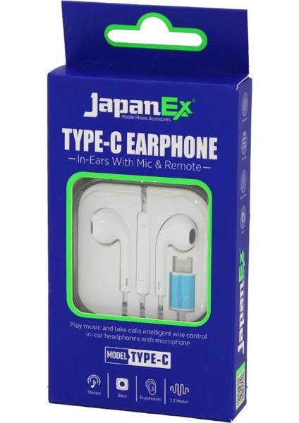 Japanex Type-C Kulak Içi Mikrofonlu Stereo Kulaklık Kablolu= 1.2mt Type-C Giriş Plastik Kutulu (4887)