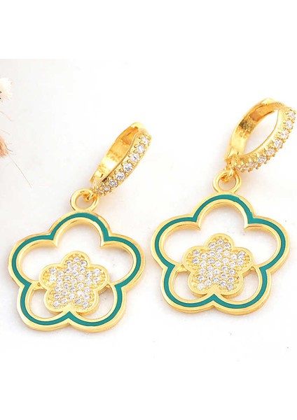 ​Gümüş Gold Sallantılı Çiçek Desenli Kadın Küpe