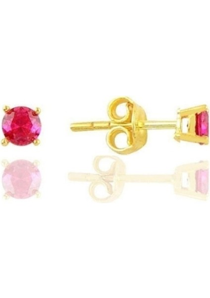 Işıltılı 925 Ayar Gümüş Altın Kaplama Ruby Taşlı Tek Taş Küpe 4 mm