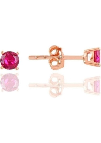 Işıltılı 925 Ayar Gümüş Rose Kaplama Ruby Taşlı Tek Taş Küpe 4 mm