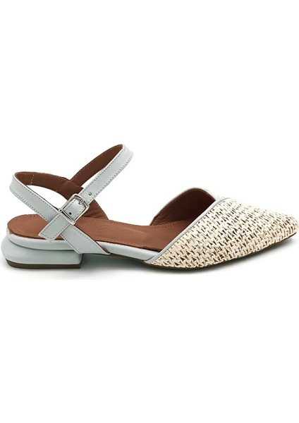 Açık Mavi Deri Hasır Bilekten Tokalı Düz Babet