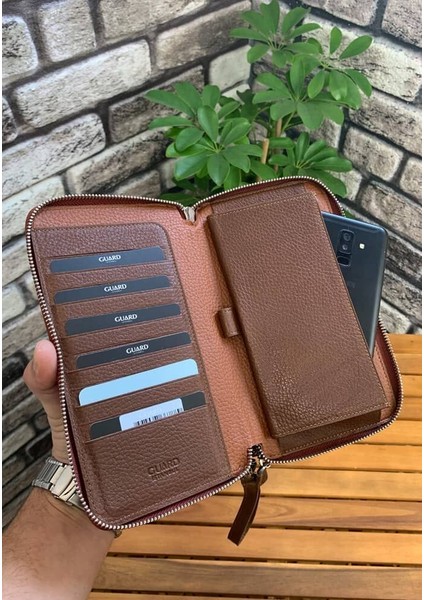 Deri Çift Fermuarlı Taba Erkek Portföy Çanta (T1373)