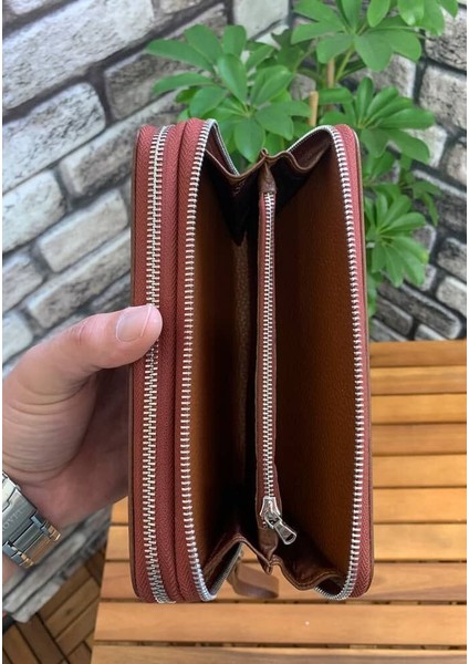Deri Çift Fermuarlı Taba Erkek Portföy Çanta (T1373)