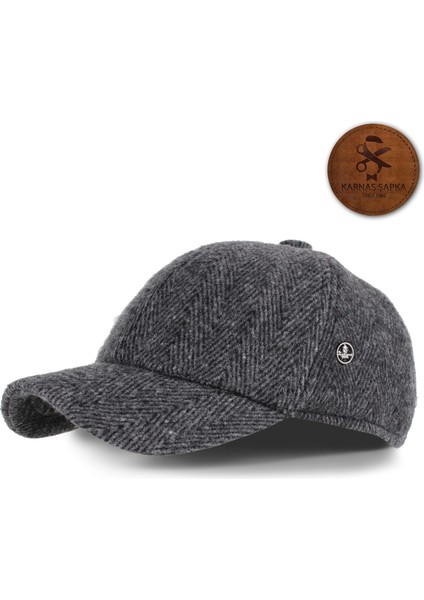 Gri Balık Sırtı Desenli Yünlü Kaşe Kışlık Kumaş Spor Şapka (Terletmez Saten Astar)