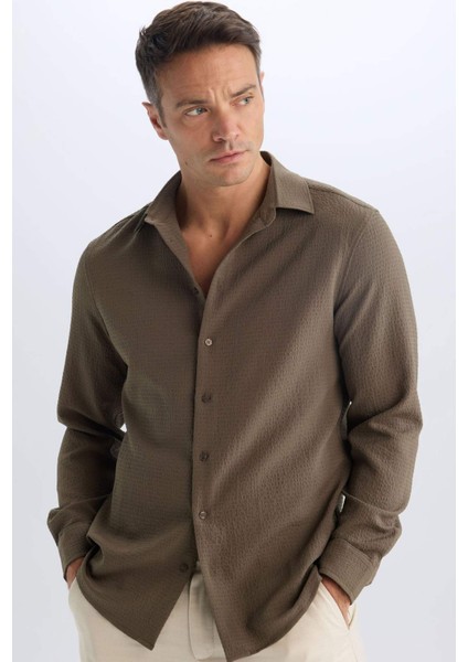 Modern Fit Polo Yaka Dokuma Uzun Kollu Gömlek D7246AX25SP