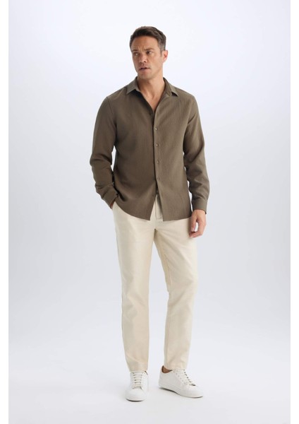 Modern Fit Polo Yaka Dokuma Uzun Kollu Gömlek D7246AX25SP