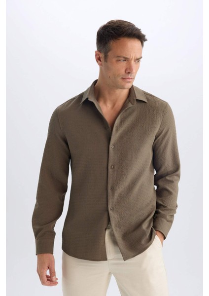 Modern Fit Polo Yaka Dokuma Uzun Kollu Gömlek D7246AX25SP