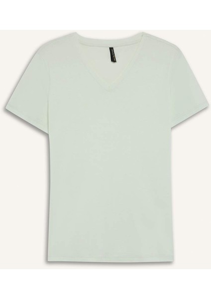 Slim Fit Dar Kesim V Yaka Basic Düz Ribana Kısa Kollu Tişört I1080AZ25SP