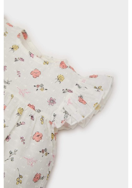 Kız Bebek 2'li Takım Çiçekli Flamlı Poplin Kısa Kollu Bluz Beli Lastikli Şort E8453A525SM