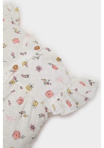 Kız Bebek 2'li Takım Çiçekli Flamlı Poplin Kısa Kollu Bluz Beli Lastikli Şort E8453A525SM