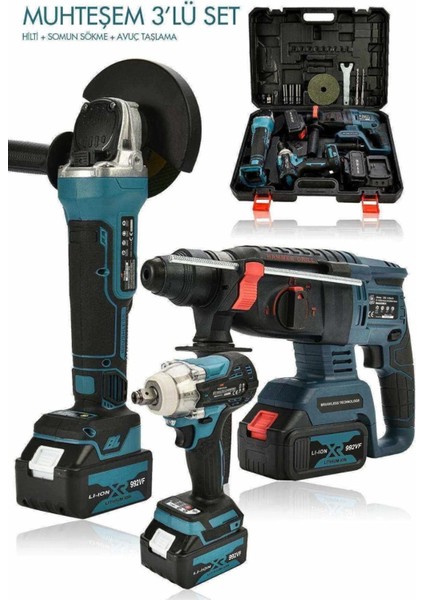 Germany 3'lü Tam Usta Seti Akülü Bataryalı - 992V 70AH X2 ADET AKÜ - Taşlama - Spiral - Kırıcı Delici Hilti Seti