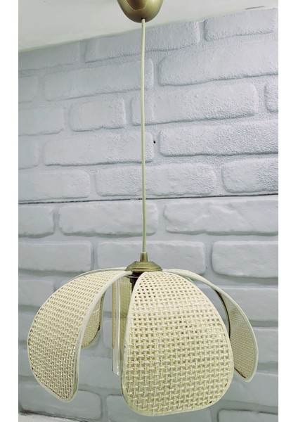 Hasır Hazeran Rattan Açık Krem Papatya Model Bal Renk Camlı Ev Cafe Restaurant Tekli Sarkıt Avize
