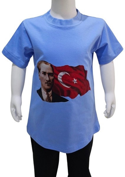 Ay Yıldızlı Atatürk Baskılı Mavi Tişört