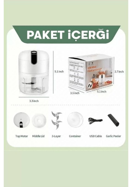 Pratik Mini El Rondosu Şarjlı Çelik 3 Bıçaklı 250 ml Mutfak Robotu Hazneli Rondo Sebze Et Doğrayıcı Rende ( Lisinya )