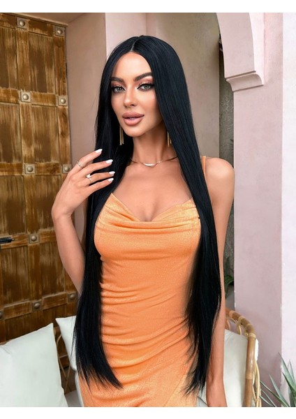 Siyah Ekstra Uzun Boy Tül Peruk