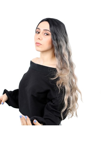 Fiber Sentetik Uzun Su Dalgası Peruk - Siyah - Küllü Platin Ombreli