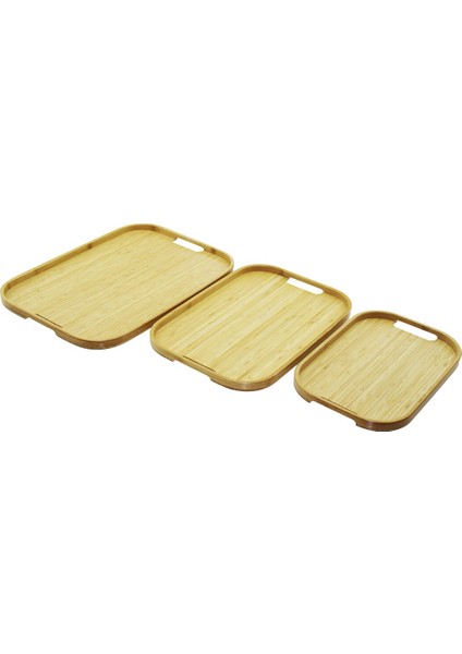 Dikdörtgen - 3 Boy Bambu Ahşap Tepsi Seti 22X33--28X40--33X45CM (4767) - Lisinya