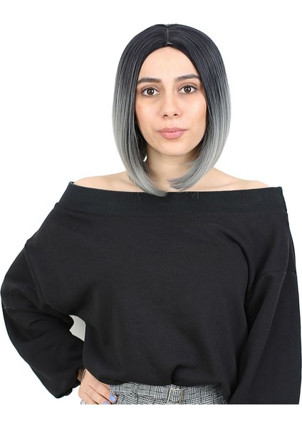 Kahkülsüz Düz Kısa Fiber Sentetik Peruk - Siyah - Gri Ombreli