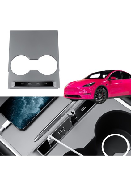 Tesla Model Y / Model 3 Orta Konsol Kaplaması USB Girişi Teleskopik Hızlı Şarj 4' Lü Kablo Merkezi, Siyah