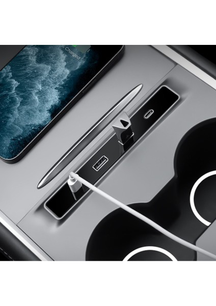 Tesla Model Y / Model 3 Orta Konsol Kaplaması USB Girişi Teleskopik Hızlı Şarj 4' Lü Kablo Merkezi, Siyah